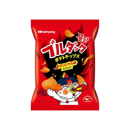 Red snack package with Samyang branding and cartoon character on a white background