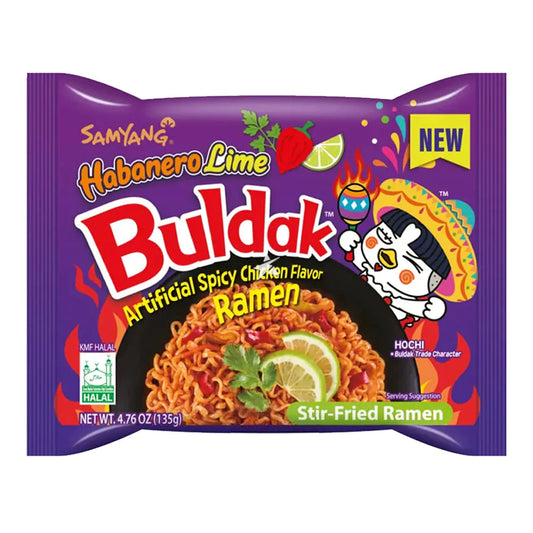 Samyang Habanero Lime Buldak Ramen package with colorful design and character illustration.