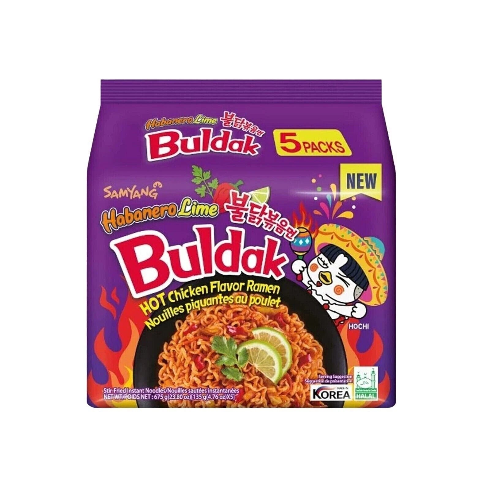 Packaging of Samyang Buldak Habanero Lime Hot Chicken Flavor Ramen with colorful design on a white background.