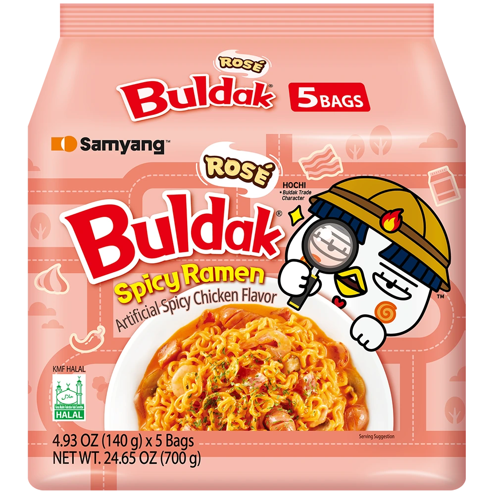 Packaging of Rosé Buldak Spicy Ramen with a cartoon character on a pink background