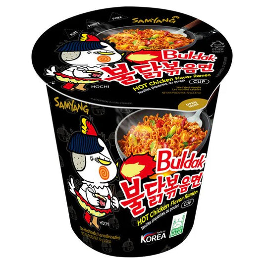 Samyang Buldak Hot Chicken Flavor Ramen cup packaging on a white background
