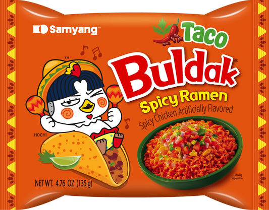Samyang Taco Buldak Spicy Ramen packaging with cartoon character and noodle bowl illustration.