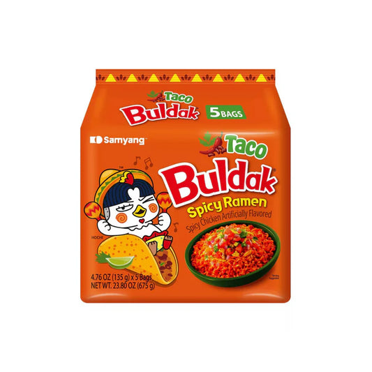 Packaging of Taco Buldak Spicy Ramen with Samyang branding on a white background