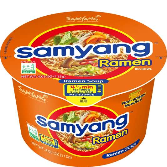 Samyang Ramen packaging with noodles and vegetables on a white background