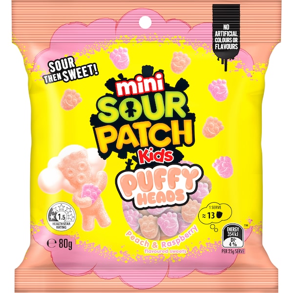 Sour Patch Kids Mini Puffy Heads Peach and Raspberry 80g pouch