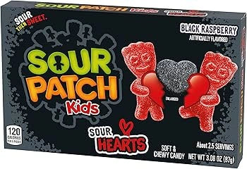 Sour Patch Kids Black Raspberry candy box with two gummy bears on a black background