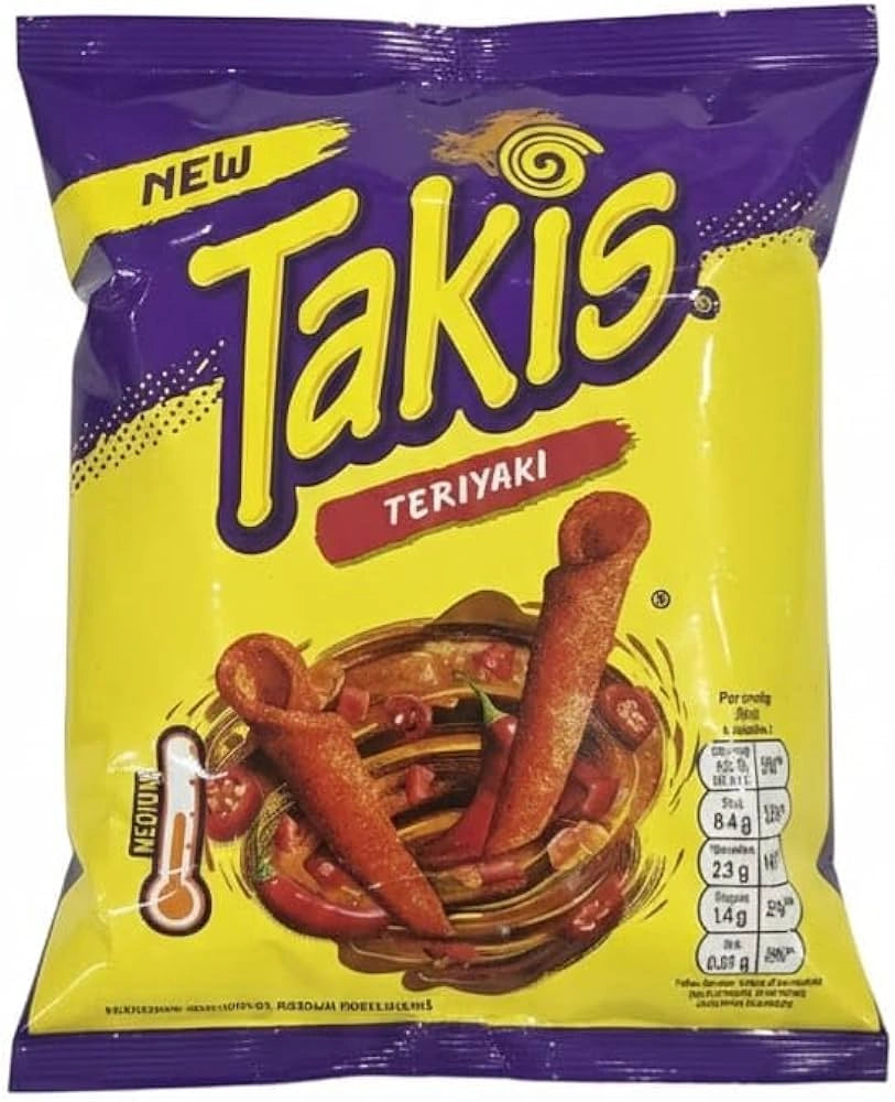 Takis Teriyaki snack package with yellow and purple design