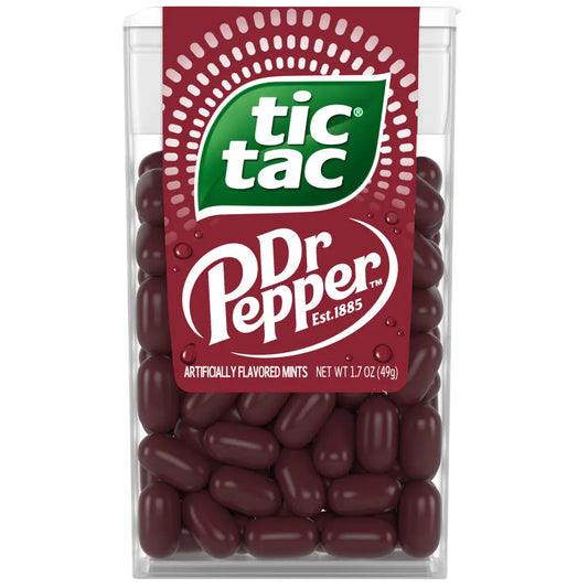 Tic Tac Dr Pepper mints in a clear packaging with red label on a white background