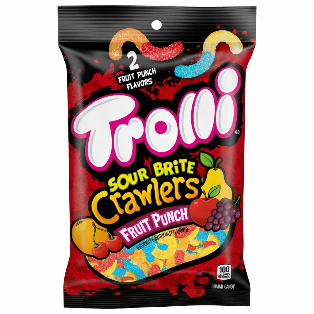 Trolli Sour Brite Crawlers Fruit Punch gummy worms packaging on a white background