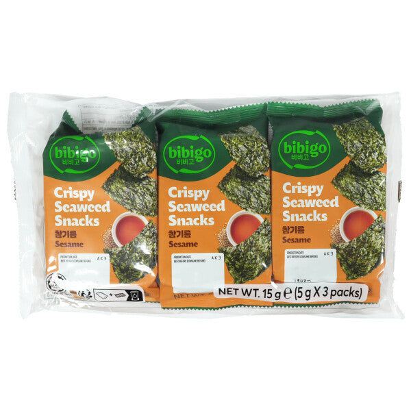 Bibigo Crispy Seaweed Snacks Sesame 15g (3 x 5g) front of pack