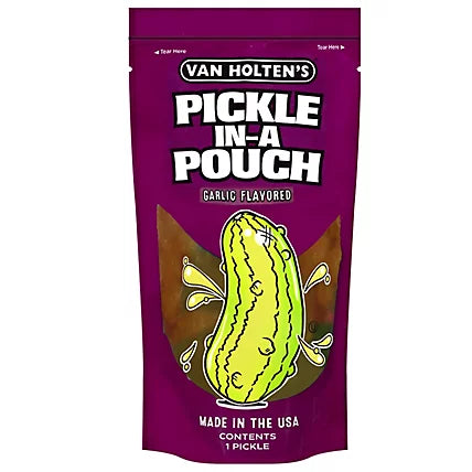 Van Holten's Pickle in a Pouch garlic flavored packaging on a white background