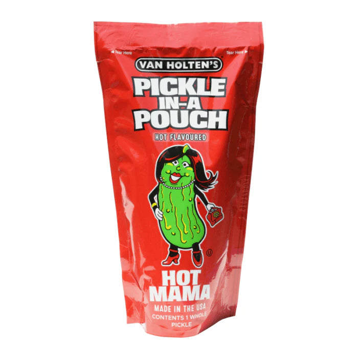 Red package of Van Holten's Pickle in a Pouch Hot Mama on a white background