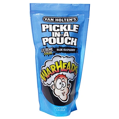 Blue package of Van Holten's Pickle in a Pouch with Warheads branding on a white background