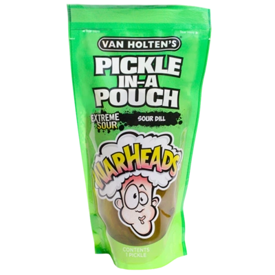 Green pouch of Van Holten's Pickle in a Pouch with Warheads branding on a white background