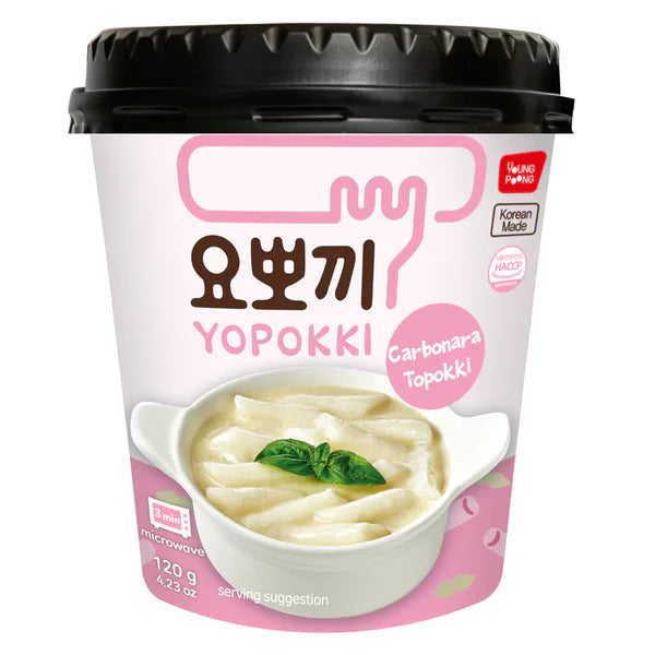 Yopokki carbonara topoki packaging with black lid and pink label on a white background