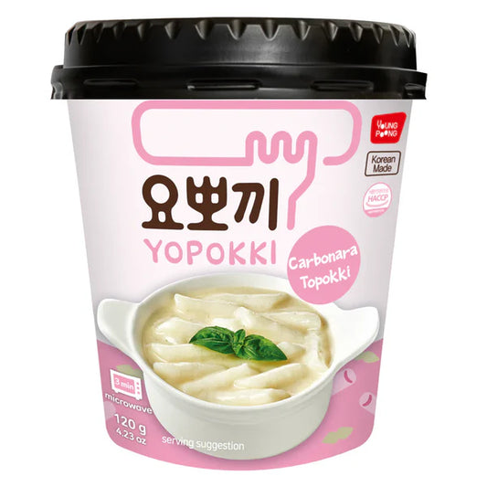Yopokki carbonara topoki packaging with black lid and pink label on a white background