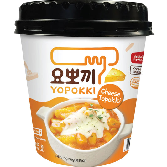 Yopokki Cheese Topokki cup with black lid on a white background